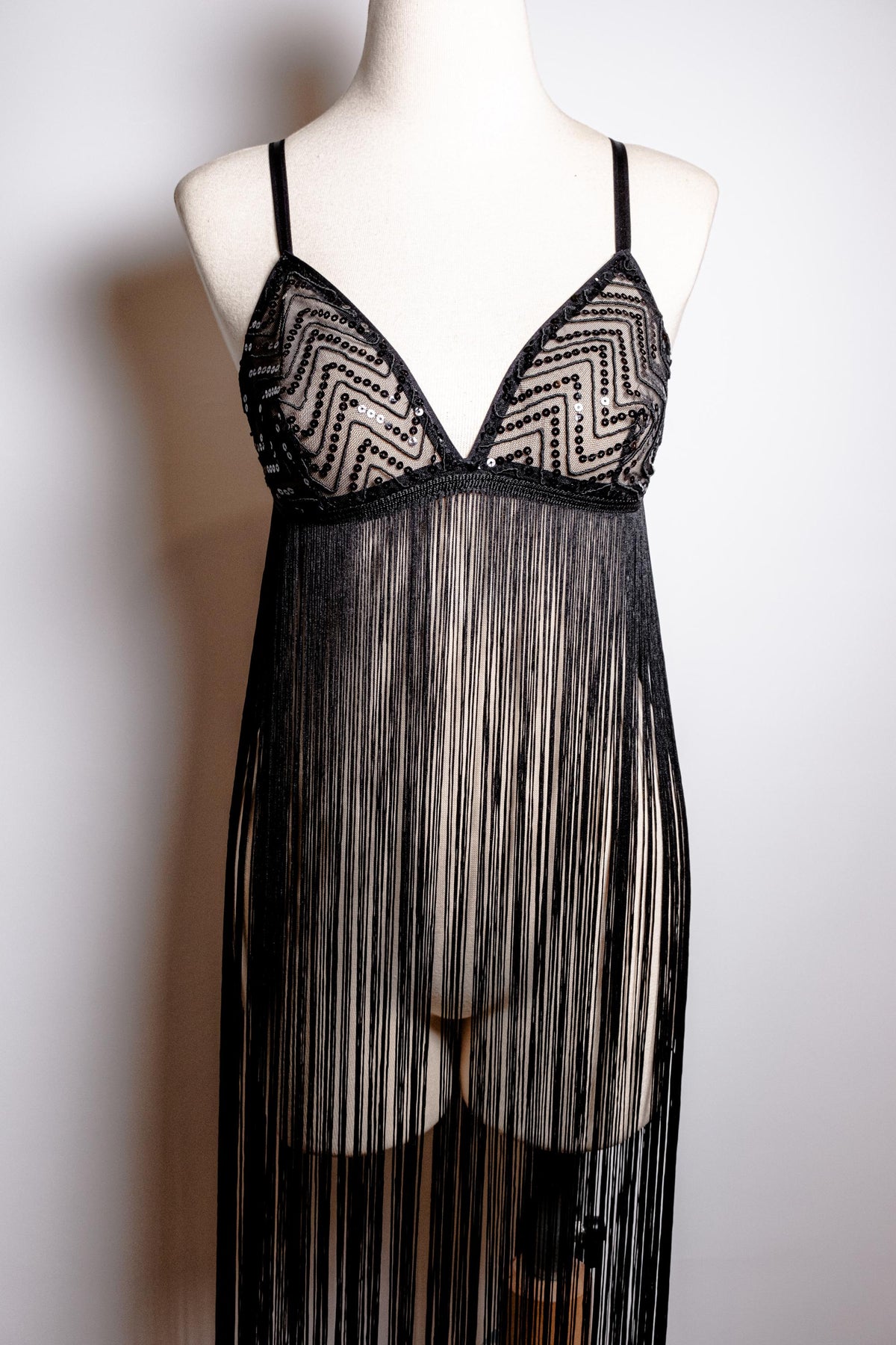 Handmade in İstanbul Sequin Mesh, 1920s Flapper Style Handmade Black Fringe Lingerie