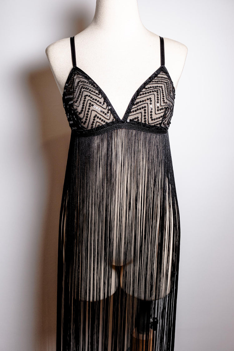 Handmade in İstanbul Sequin Mesh, 1920s Flapper Style Handmade Black Fringe Lingerie