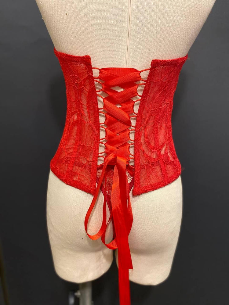 Red Lace Corset and Thong Set, Gothic Victorian Bustier,Bridal Lingerie
