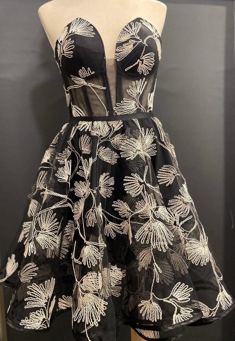 Embroidered Corset Dress Set, Botanical Line Art Evening Mini, Versatile Two-Piece Prom