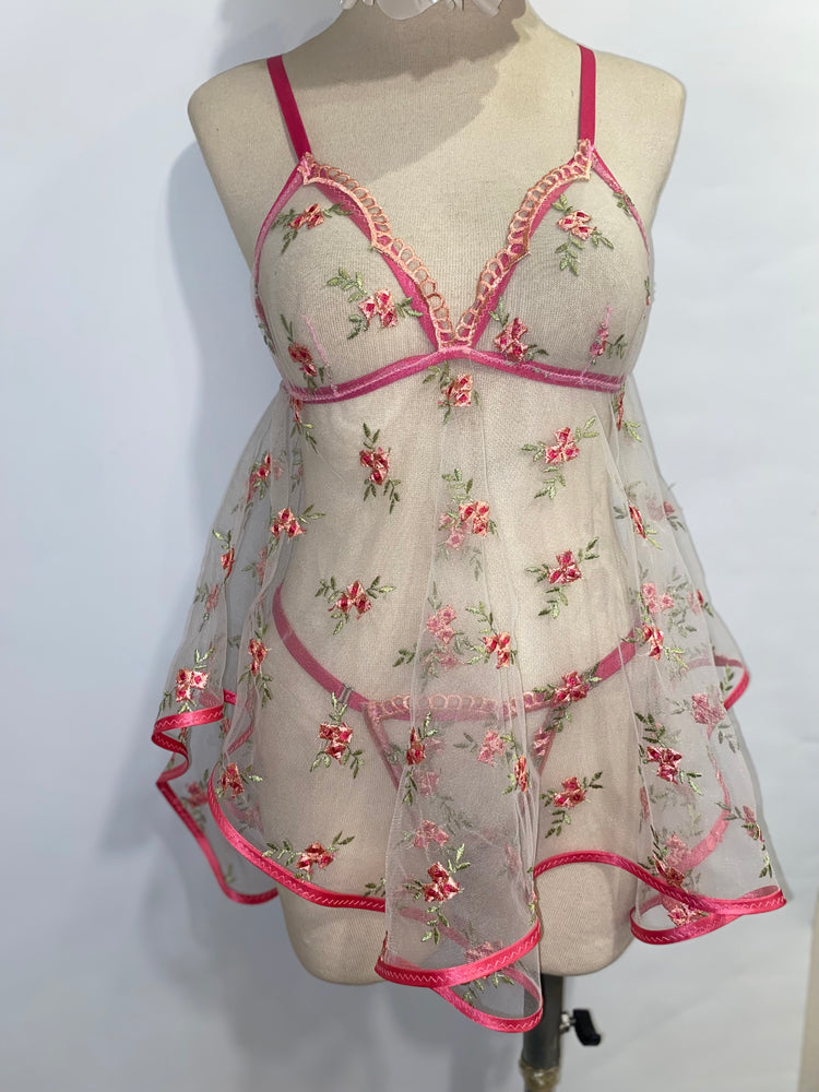 Babydoll-Set mit floraler Stickerei und transparentem Stoff