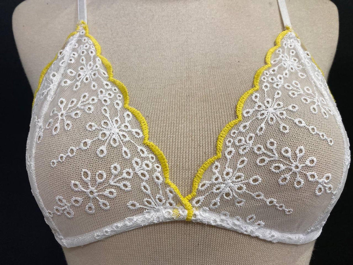 White Floral Lace Bralette, Handmade Soft Triangle Bra