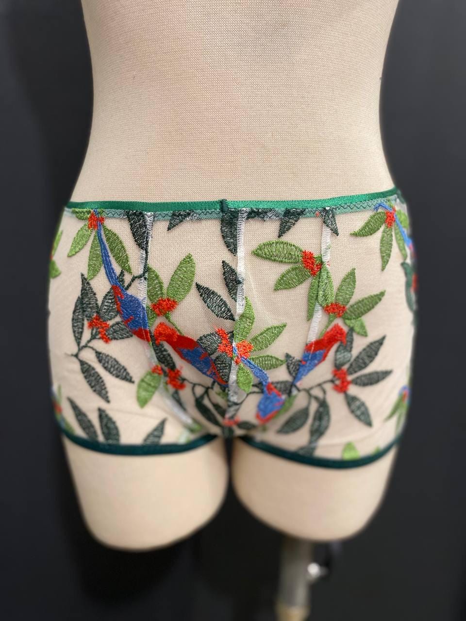 Embroidered Mesh Men’s Boxer Brief | Luxury Sheer Underwear with Bird Embroidery | Handmade Designer Lingerie | Unique Gift