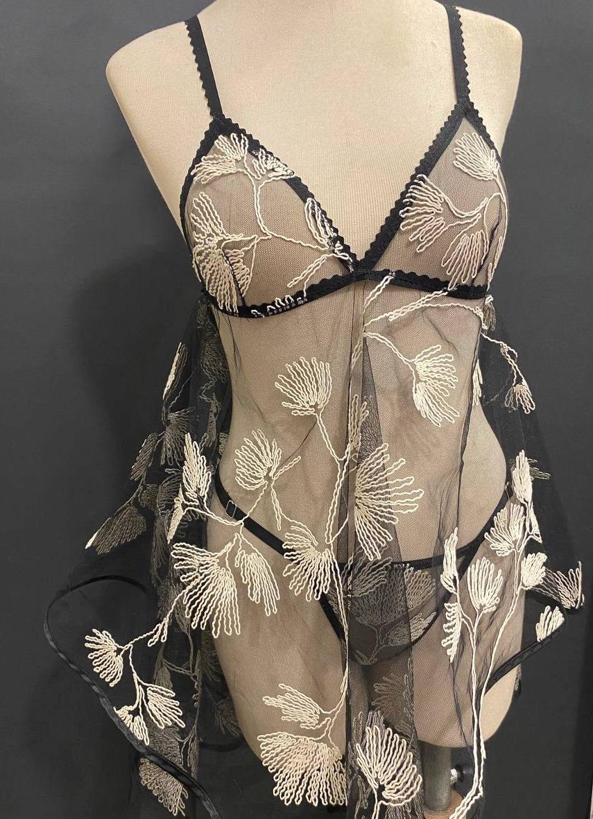 Sheer Black Embroidered Babydoll Dress, Floral Tulle Lingerie - Handmade Boudoir Sleepwear