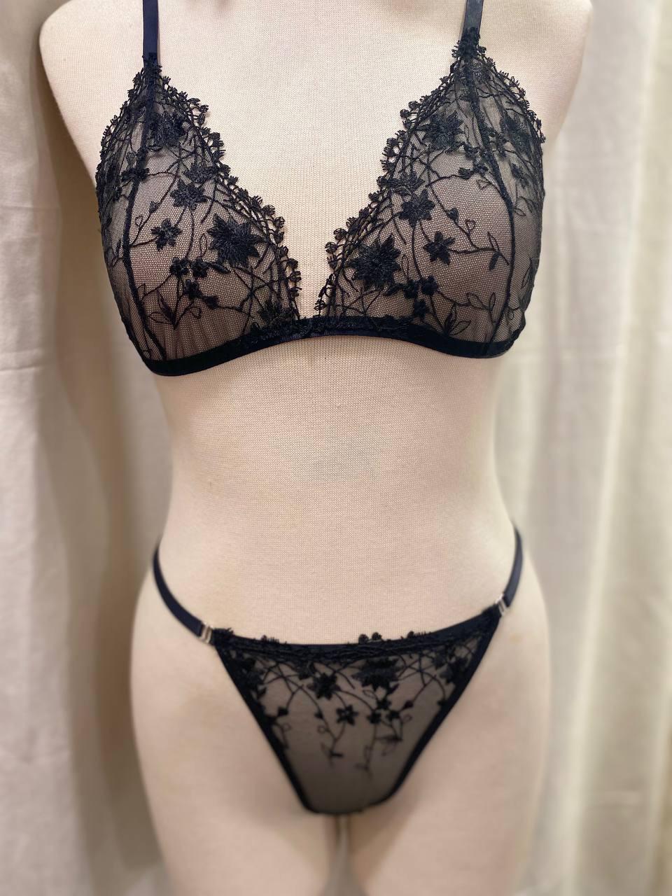 Handmade Black Floral Lace Lingerie Set,Sheer Triangle Bra and Thong