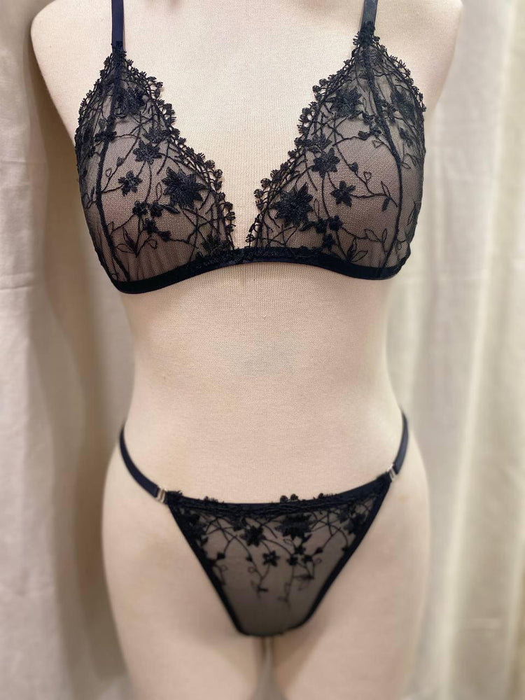 Handmade Black Floral Lace Lingerie Set,Sheer Triangle Bra and Thong