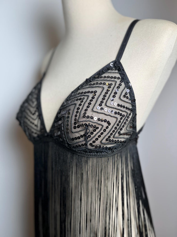 Handmade in İstanbul Sequin Mesh, 1920s Flapper Style Handmade Black Fringe Lingerie