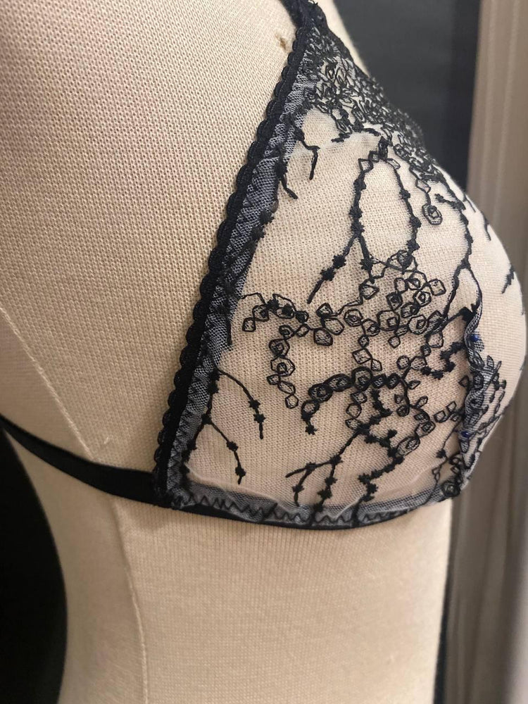Handmade in Istanbul - Black Botanical Embroidery Lingerie Set, Sheer White Tattoo Lace Bralette Thong (Made to Order)