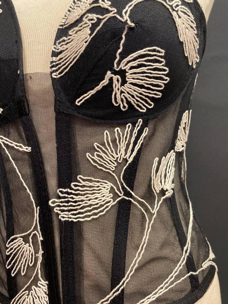 Embroidered Black Mesh Corset Top, Floral Line Art Bustier, Sheer Victorian Boned Bodice, Gothic Chic Strapless Top