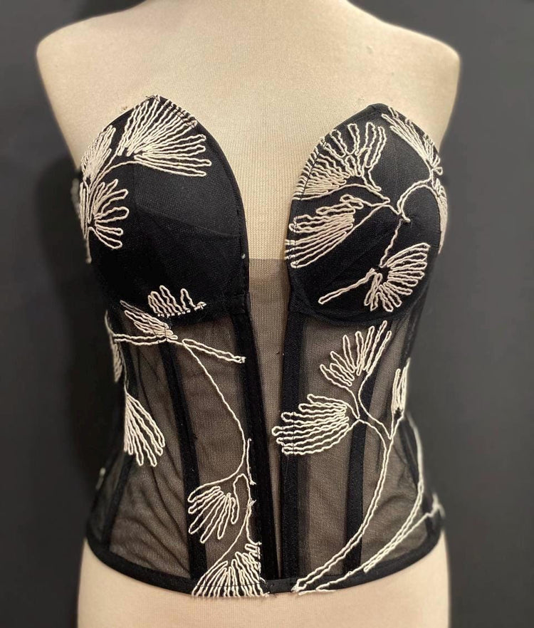 Embroidered Black Mesh Corset Top, Floral Line Art Bustier, Sheer Victorian Boned Bodice, Gothic Chic Strapless Top