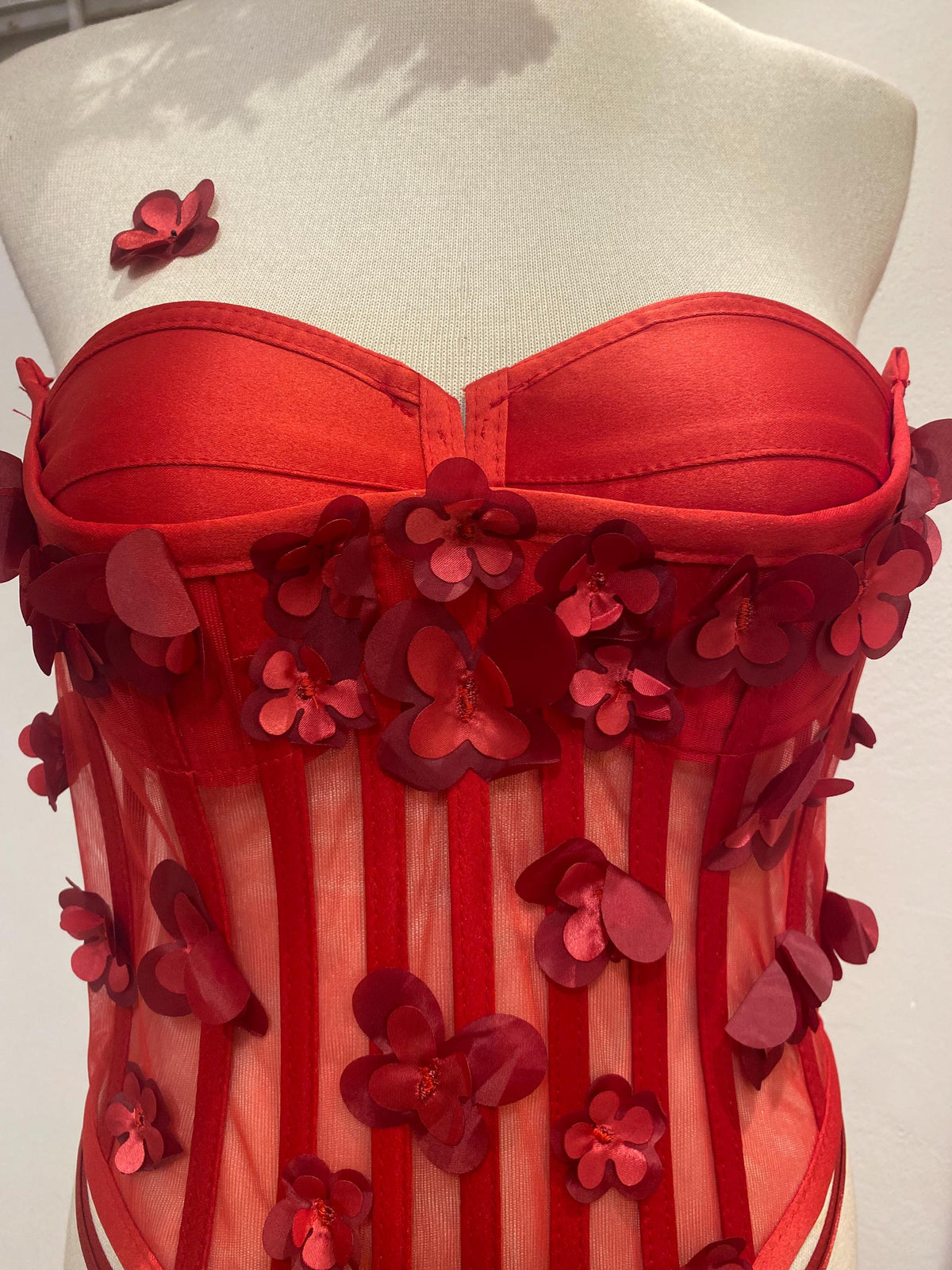 Red 3D Floral Corset Lingerie Set • Mesh Bustier with Appliqué Flowers • Christmas Gift for Her • Sexy Holiday Outfit