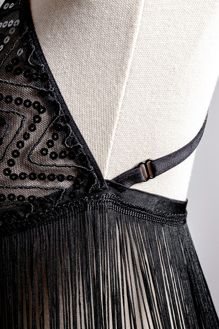 Handmade in İstanbul Sequin Mesh, 1920s Flapper Style Handmade Black Fringe Lingerie