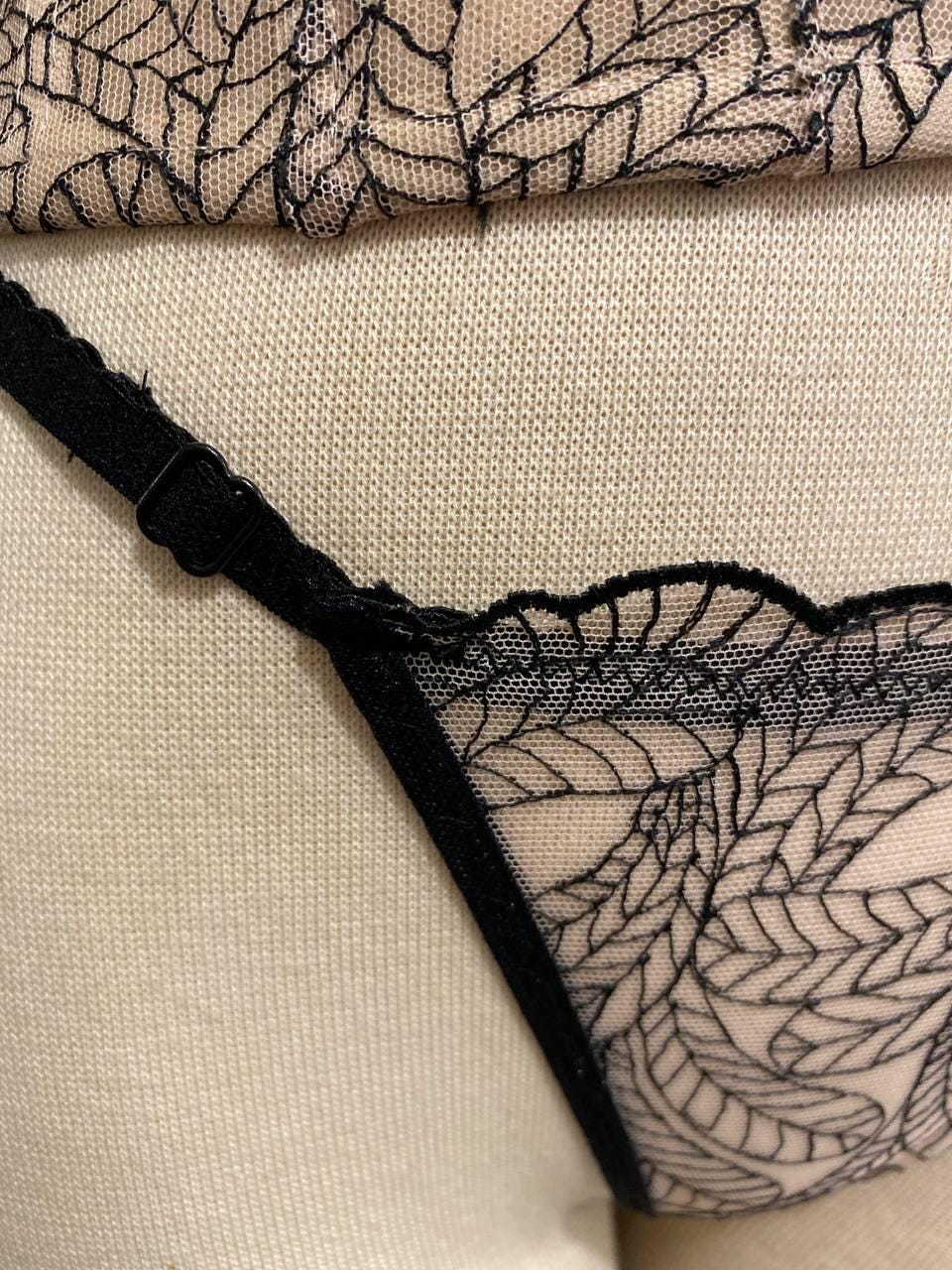 Embroidered Leaf Corset Top with Matching Panty | Nude Mesh Bustier Set | Black Botanical Lace Bodice | Fairycore Gothic Lingerie
