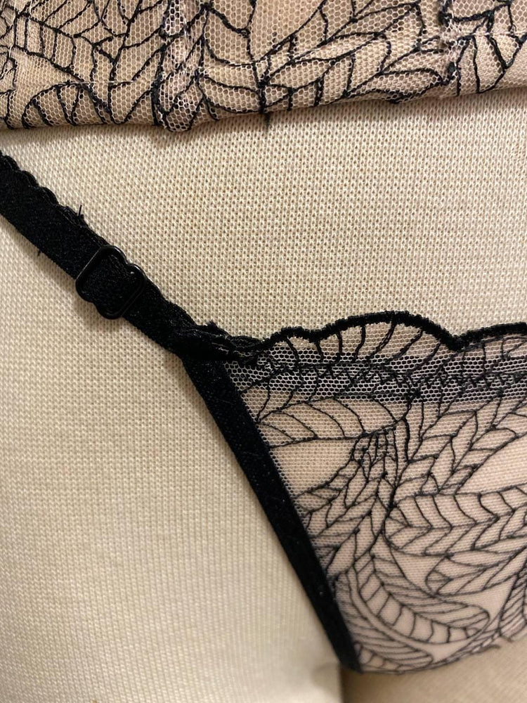 Embroidered Leaf Corset Top with Matching Panty | Nude Mesh Bustier Set | Black Botanical Lace Bodice | Fairycore Gothic Lingerie