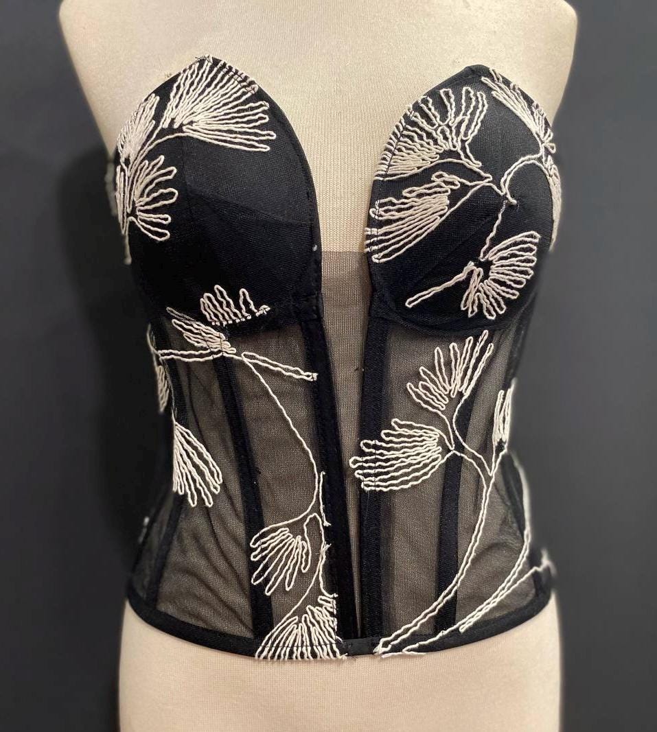 Embroidered Black Mesh Corset Top, Floral Line Art Bustier, Sheer Victorian Boned Bodice, Gothic Chic Strapless Top