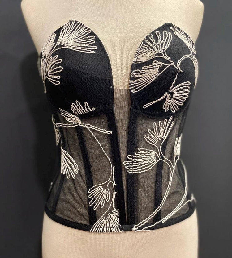Embroidered Black Mesh Corset Top, Floral Line Art Bustier, Sheer Victorian Boned Bodice, Gothic Chic Strapless Top