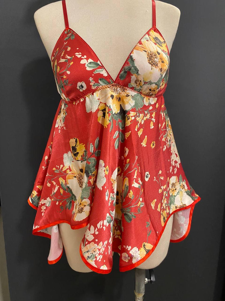 Handmade in İstanbul Organic Cupro Floral Babydoll Dress, Red Vegan Silk Slip Lingerie