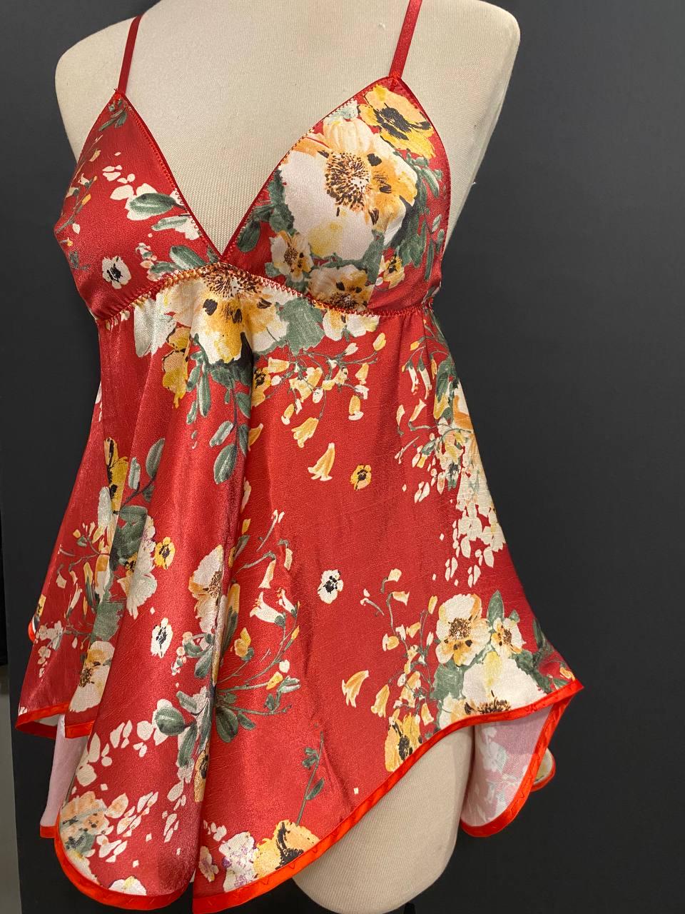 Handmade in İstanbul Organic Cupro Floral Babydoll Dress, Red Vegan Silk Slip Lingerie