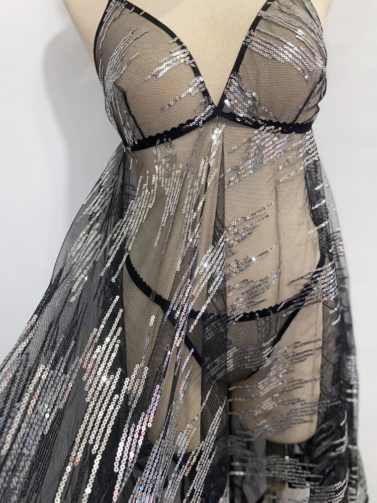 Black Sheer Sequin Babydoll Lingerie Set – Adjustable Thong – Silver Sequin Mesh Nightdress