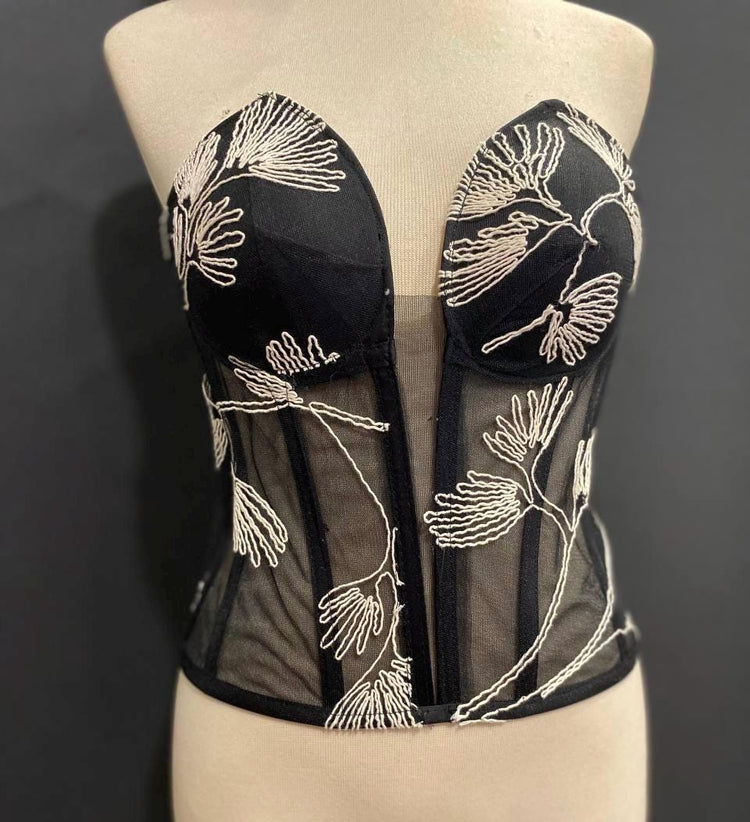 Embroidered Black Mesh Corset Top, Floral Line Art Bustier, Sheer Victorian Boned Bodice, Gothic Chic Strapless Top