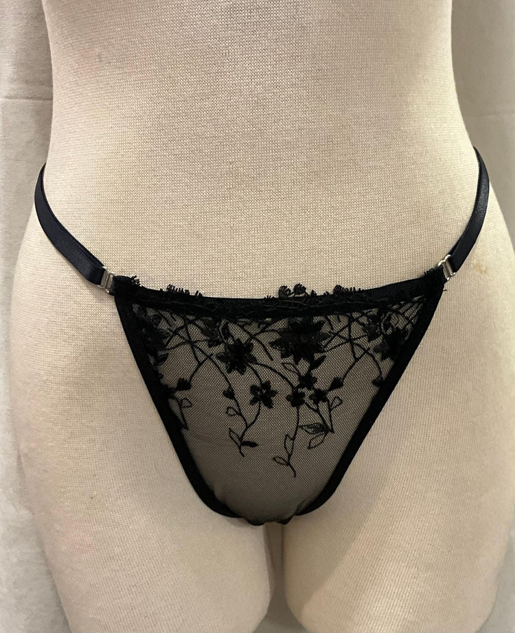 Handmade in İstanbul Black Sheer Embroidered Thong