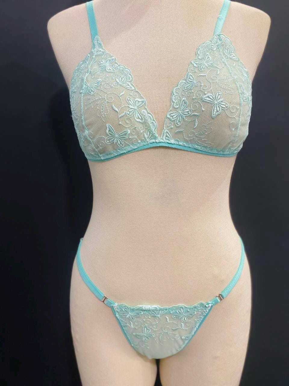 Aqua Blue Butterfly Lace Lingerie Set, Sheer Bralette Thong, Handmade Bridal Boudoir