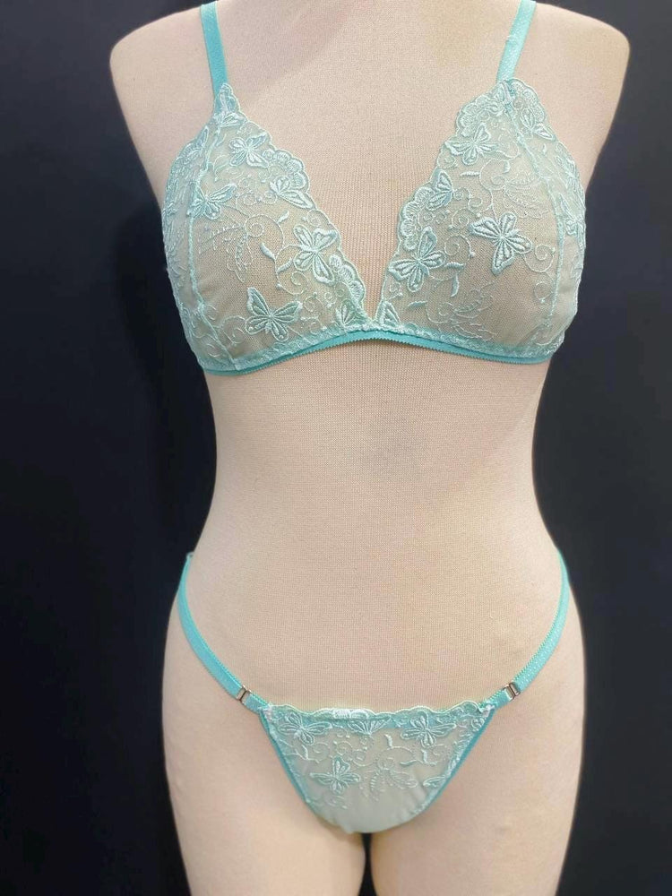 Aqua Blue Butterfly Lace Lingerie Set, Sheer Bralette Thong, Handmade Bridal Boudoir