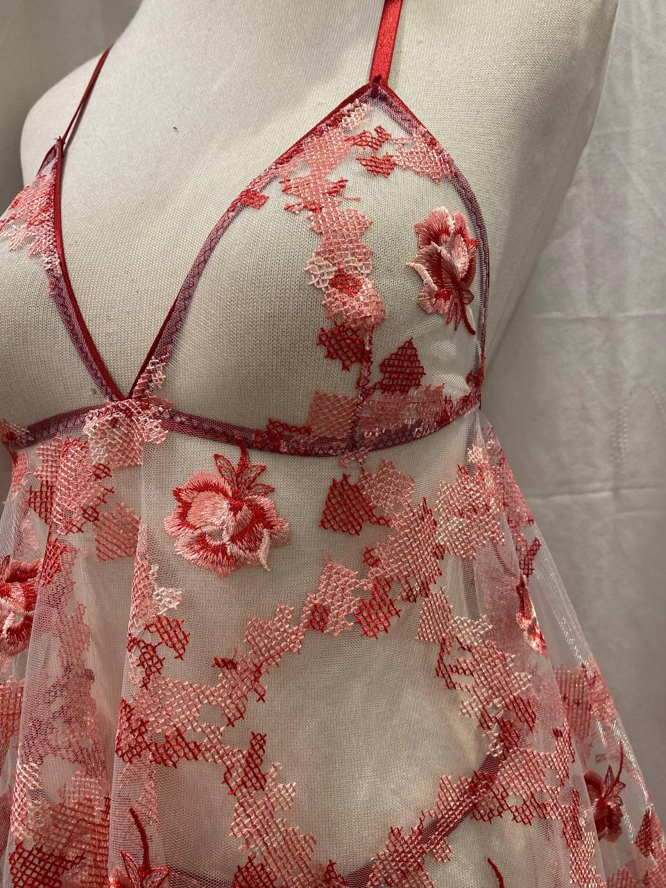 Handmade in İstanbul Red Floral Lingerie Set, Sheer Mesh Babydoll, Embroidered Bridal Lingerie, Adjustable Thong, Honeymoon Nightdress Gift