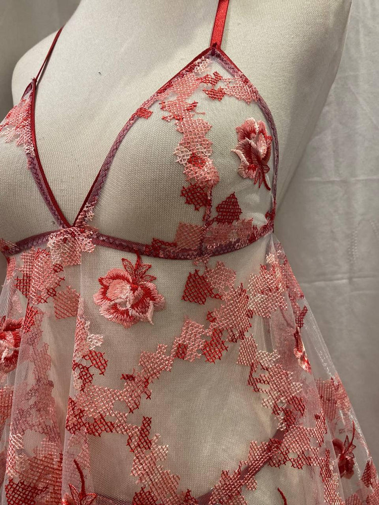 Handmade in İstanbul Red Floral Lingerie Set, Sheer Mesh Babydoll, Embroidered Bridal Lingerie, Adjustable Thong, Honeymoon Nightdress Gift