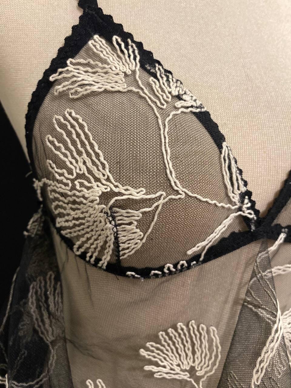Sheer Black Embroidered Babydoll Dress, Floral Tulle Lingerie - Handmade Boudoir Sleepwear
