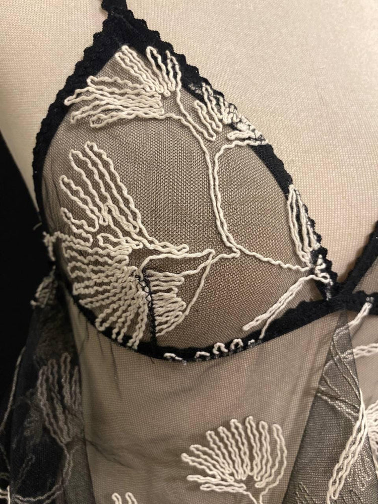 Sheer Black Embroidered Babydoll Dress, Floral Tulle Lingerie - Handmade Boudoir Sleepwear