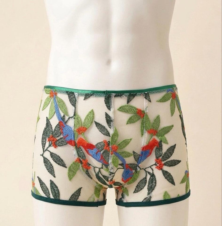 Embroidered Mesh Men’s Boxer Brief | Luxury Sheer Underwear with Bird Embroidery | Handmade Designer Lingerie | Unique Gift