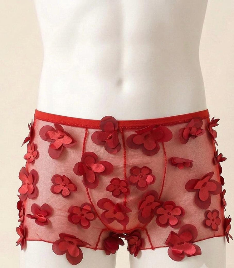 3D Floral Mesh Men’s Boxer Brief | Luxury Sheer Designer Underwear | Handmade Couture Lingerie | Statement Gift for Him