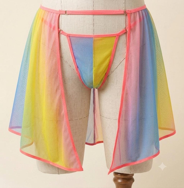 Rainbow Sheer Skirted Thong | Adjustable Gender Inclusive Lingerie | Handmade Pride Lingerie | Festival Mesh Underwear | Beyond Labels