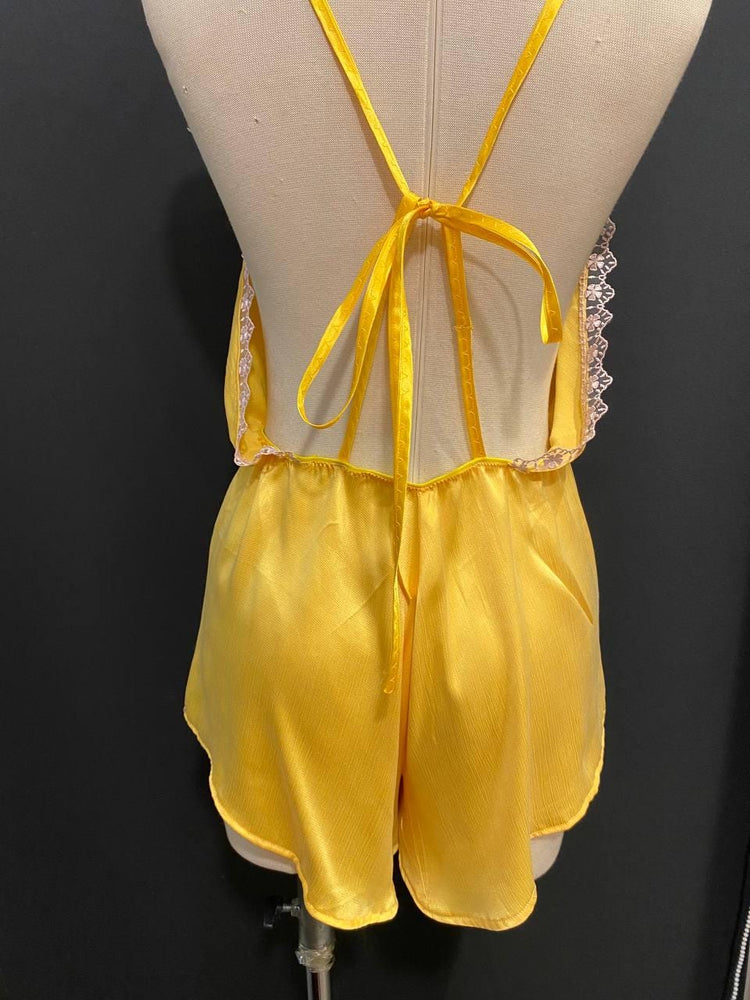 Yellow Cupro Satin Romper with Floral Lace | Handmade Luxury Sleepwear