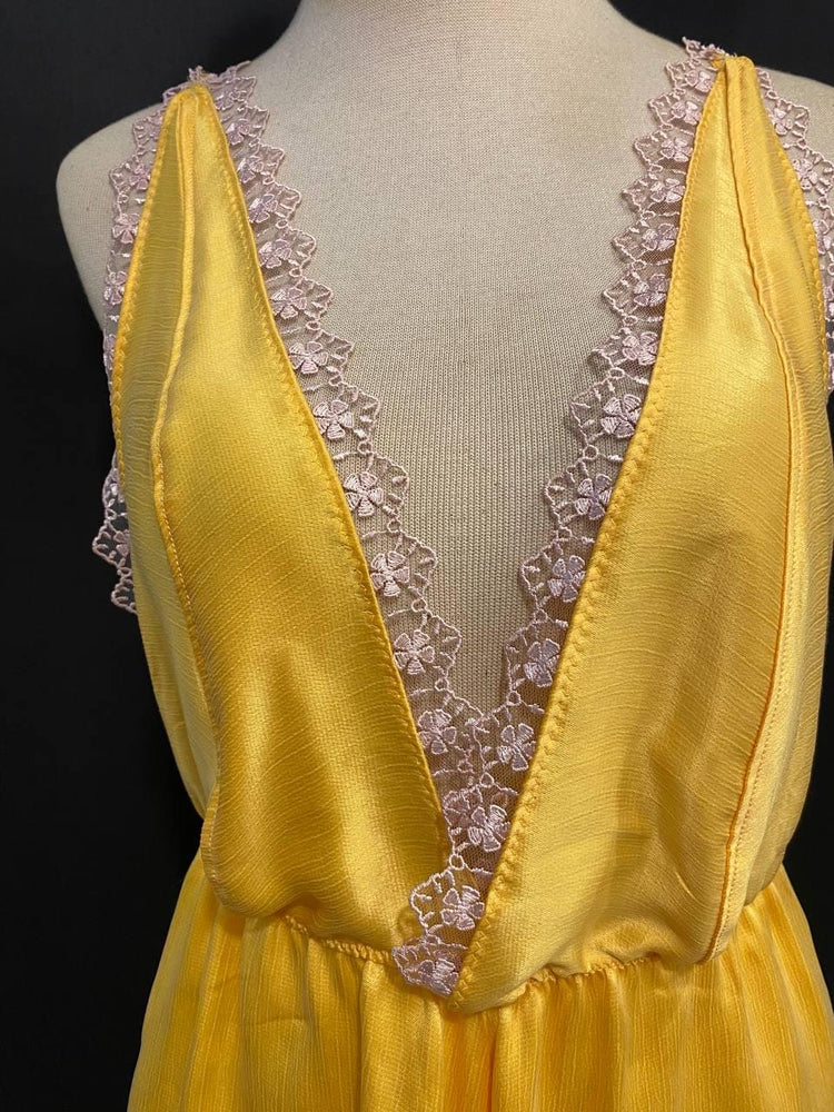 Yellow Cupro Satin Romper with Floral Lace | Handmade Luxury Sleepwear