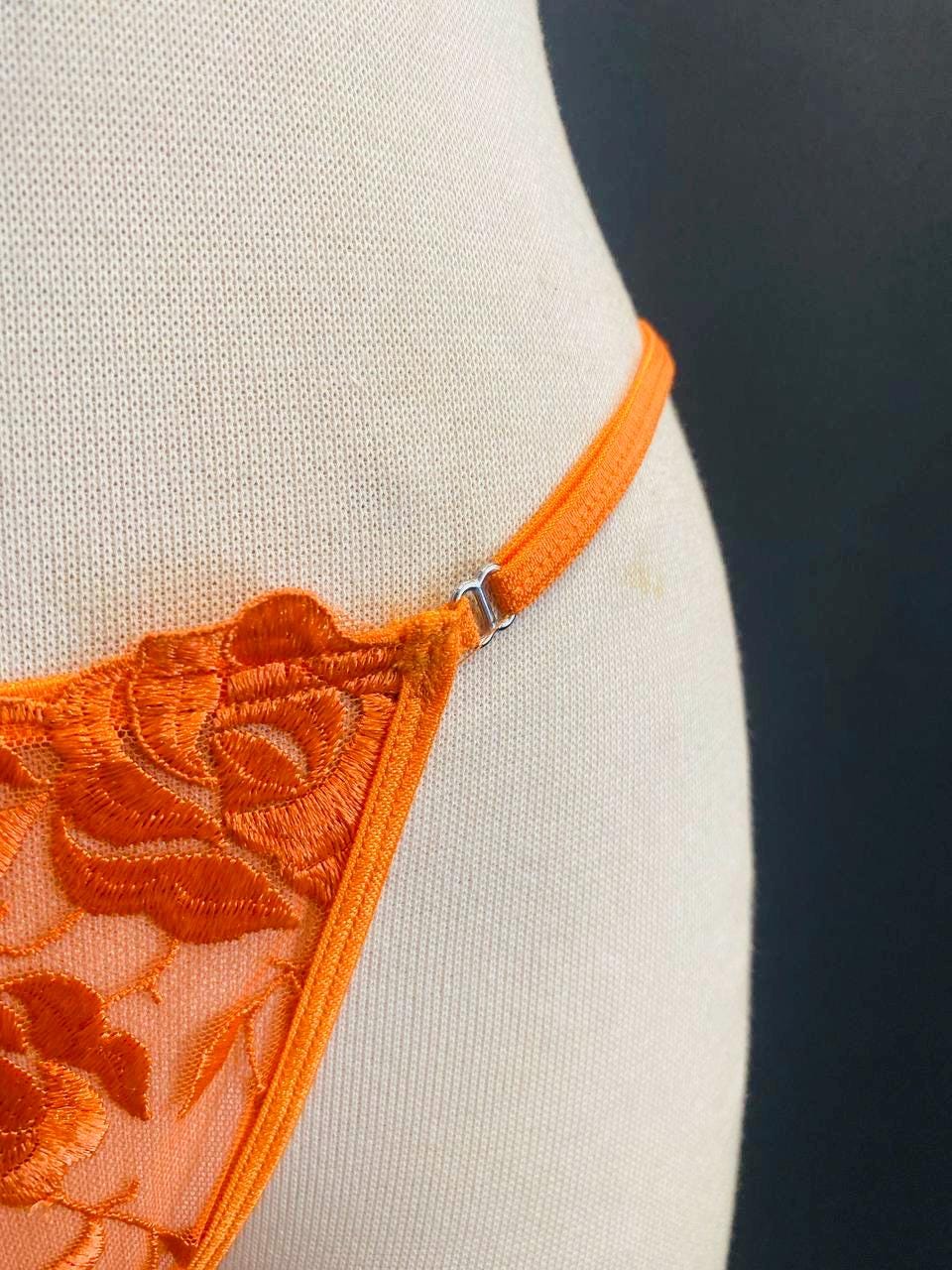 Orange Lace Bralette Set, Handmade Sheer Lingerie, Floral Lace Thong Set, Sexy Lingerie, Festival Underwear, Gift for Her