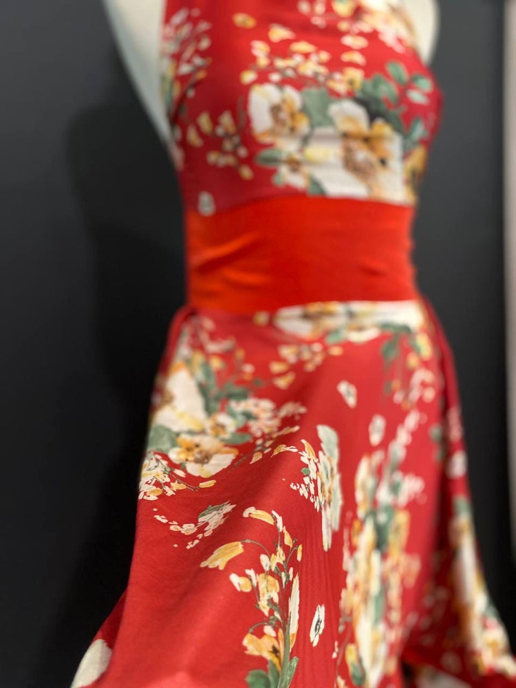 Red Floral Cupro Halter Mini Dress, Open Back, Adjustable Straps