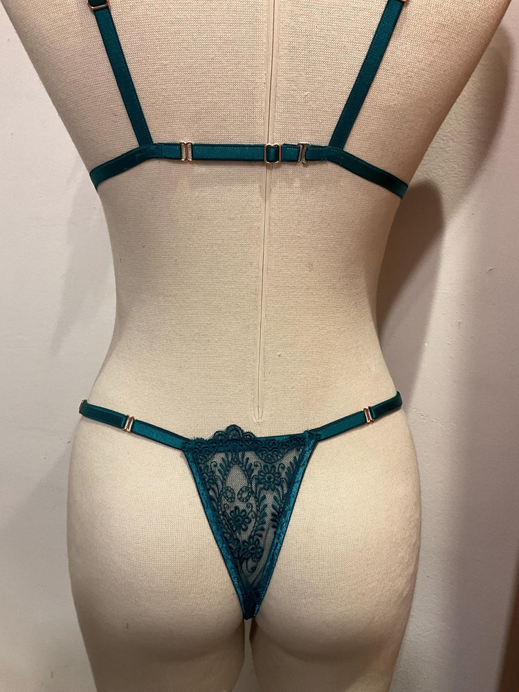 Emerald Green Floral Lace Lingerie Set • Sheer Embroidered Bralette & Thong • Sexy Mesh Underwear • Christmas Gift for Her