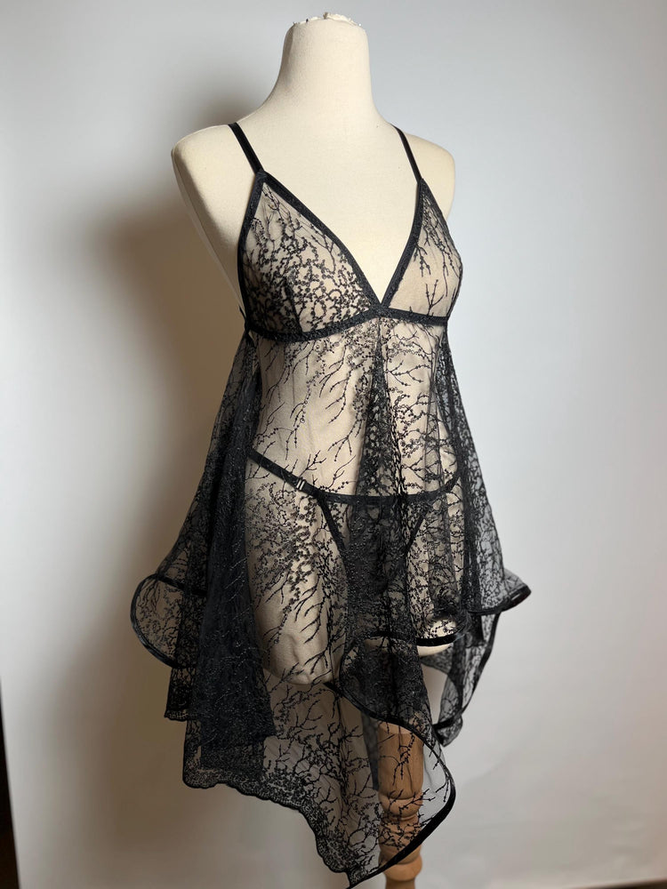 Handmade in İstanbul Midnight Lace Babydoll – Sheer Black Lingerie Set with Thong