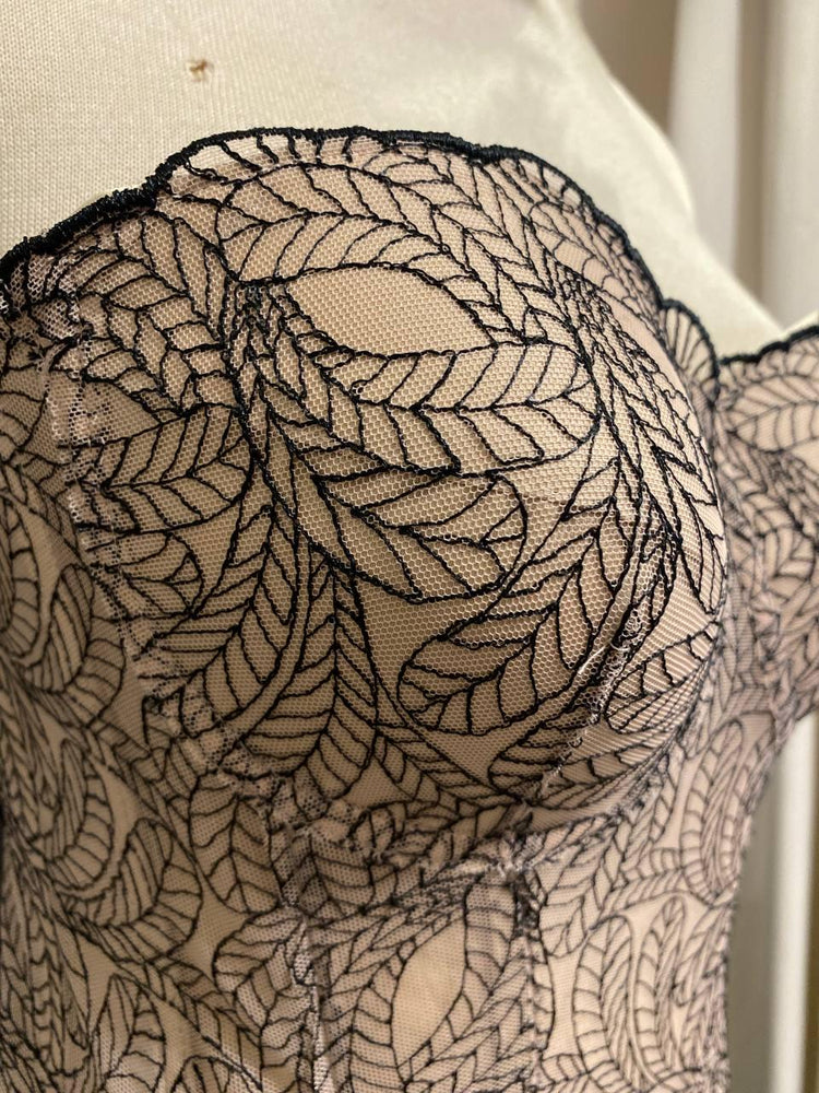 Embroidered Leaf Corset Top with Matching Panty | Nude Mesh Bustier Set | Black Botanical Lace Bodice | Fairycore Gothic Lingerie