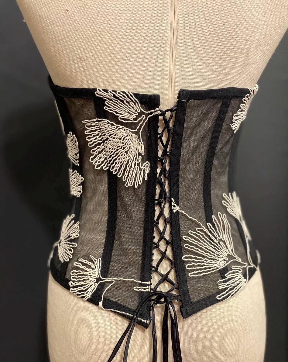 Embroidered Black Mesh Corset Top, Floral Line Art Bustier, Sheer Victorian Boned Bodice, Gothic Chic Strapless Top