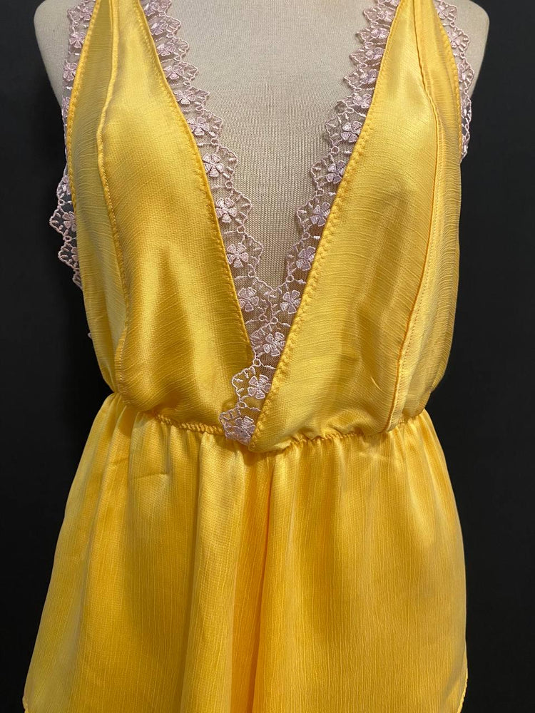 Yellow Cupro Satin Romper with Floral Lace | Handmade Luxury Sleepwear