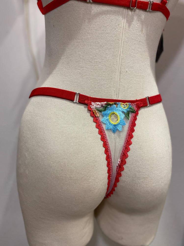 Colorful Floral Embroidered Lingerie Set with Sheer Skirt