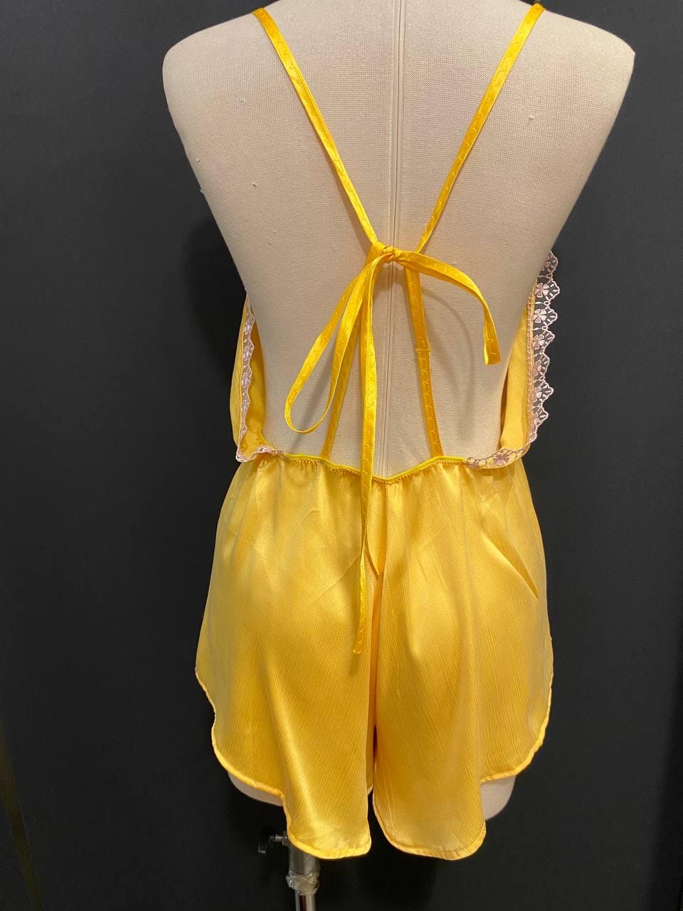 Yellow Cupro Satin Romper with Floral Lace | Handmade Luxury Sleepwear