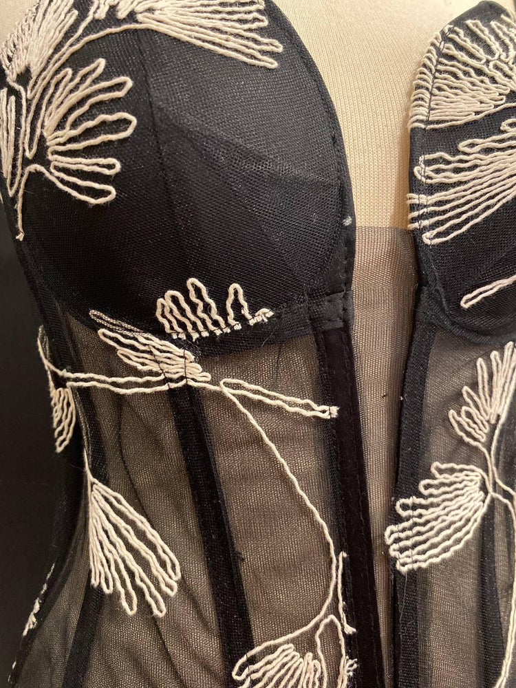 Embroidered Black Mesh Corset Top, Floral Line Art Bustier, Sheer Victorian Boned Bodice, Gothic Chic Strapless Top