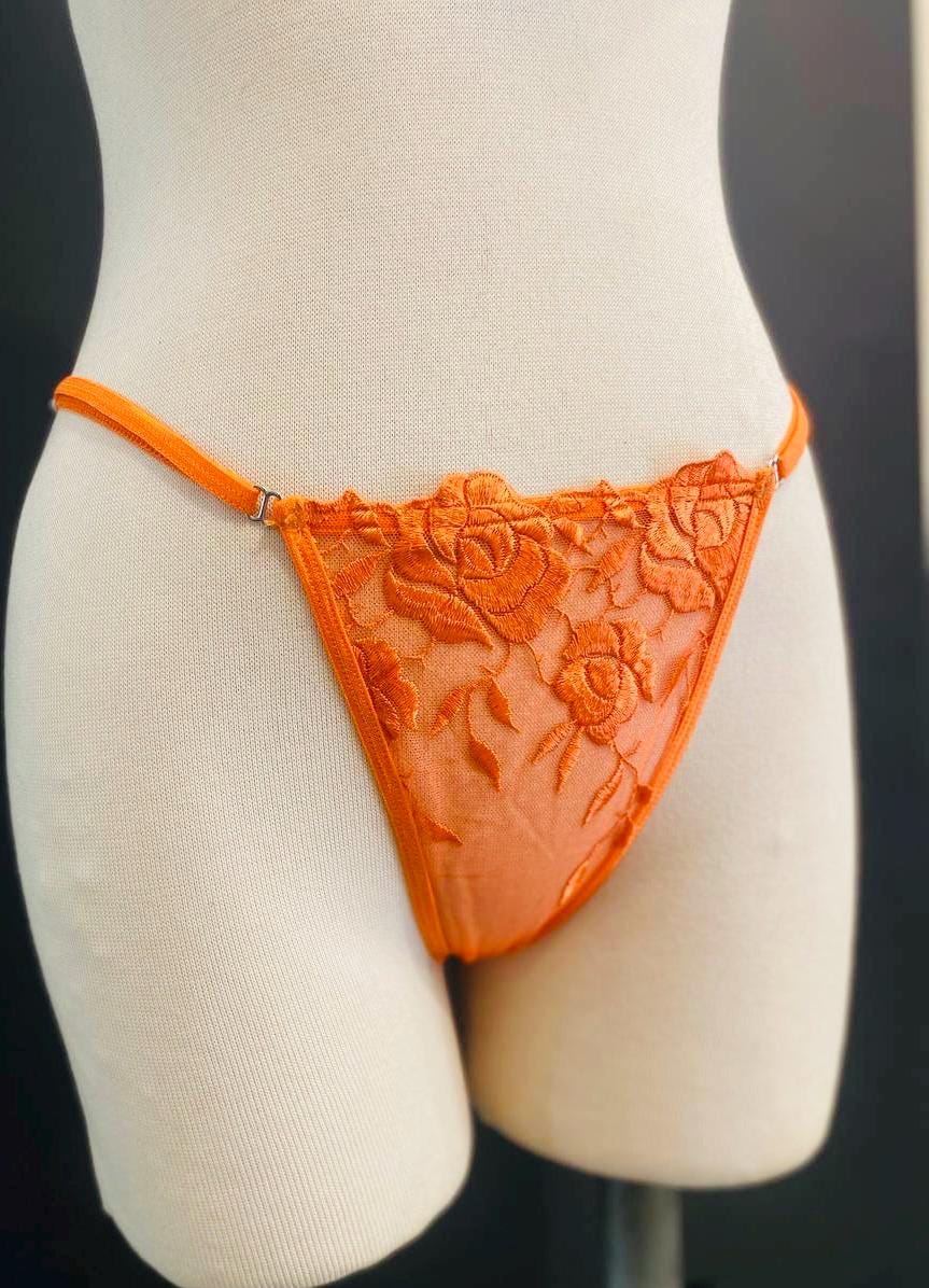 Orange Lace Bralette Set, Handmade Sheer Lingerie, Floral Lace Thong Set, Sexy Lingerie, Festival Underwear, Gift for Her