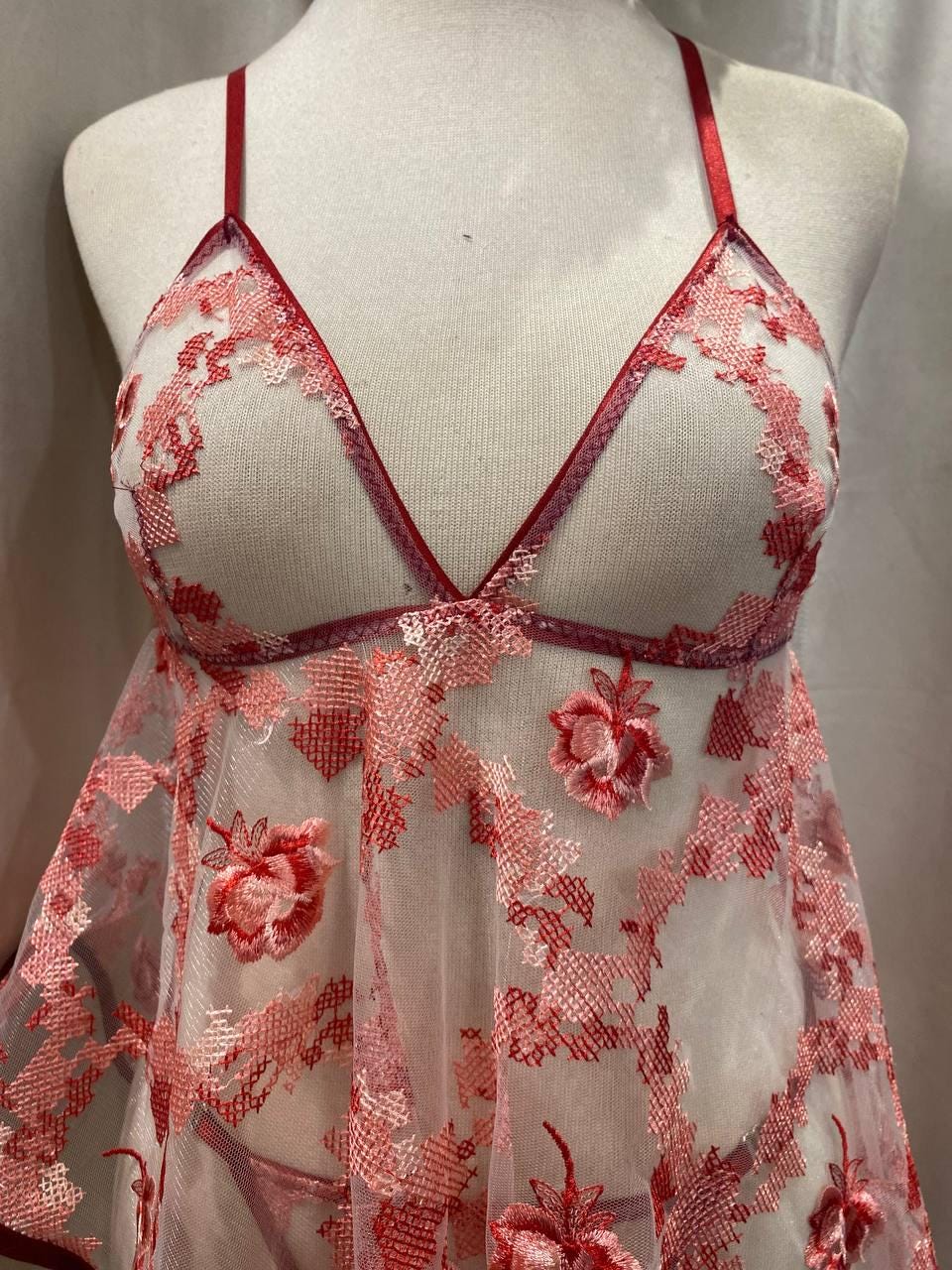 Handmade in İstanbul Red Floral Lingerie Set, Sheer Mesh Babydoll, Embroidered Bridal Lingerie, Adjustable Thong, Honeymoon Nightdress Gift