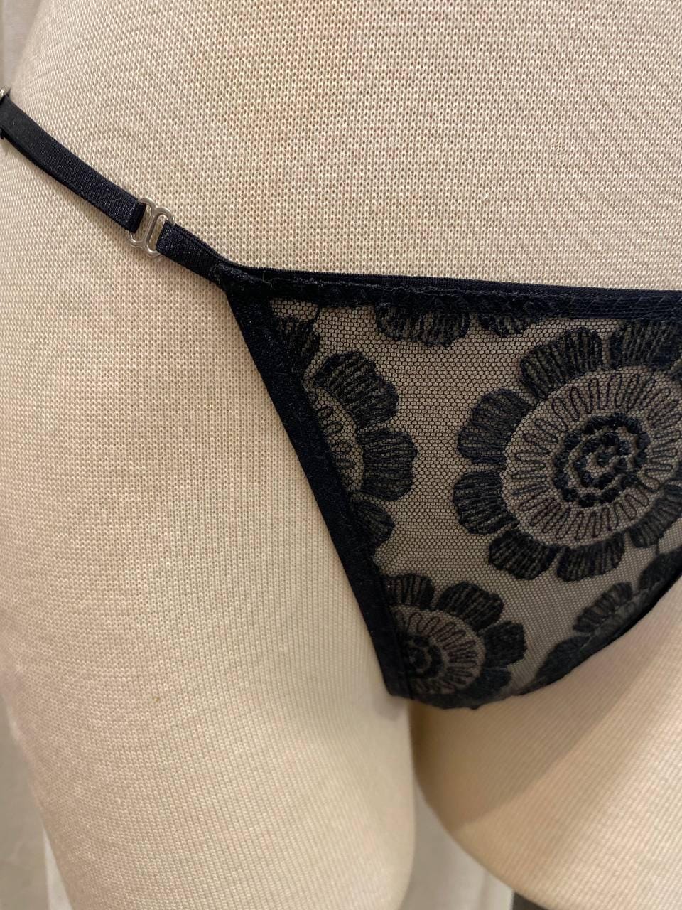 Handmade in İstanbul Black Sheer Floral Embroidered Thong