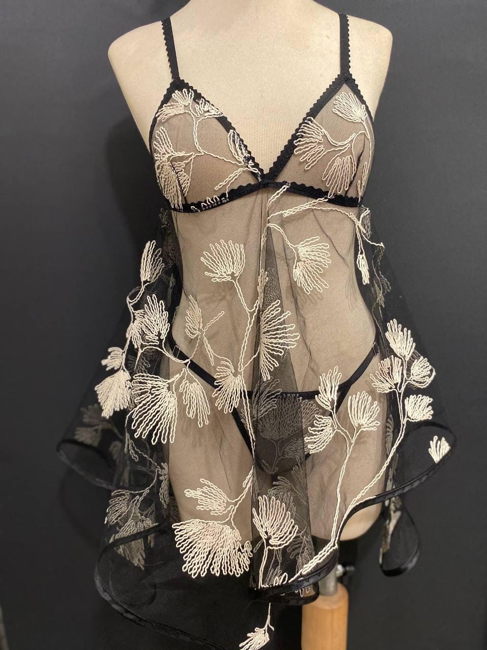 Sheer Black Embroidered Babydoll Dress, Floral Tulle Lingerie - Handmade Boudoir Sleepwear